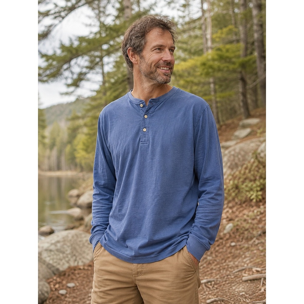L.L.Bean Traditional Fit Henley Shirt Mens Large Blue 100% Cotton Long Sleeve